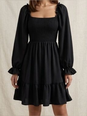Black Smocked Bodice Square Neck Long Sleeve Mini Dress - Size S